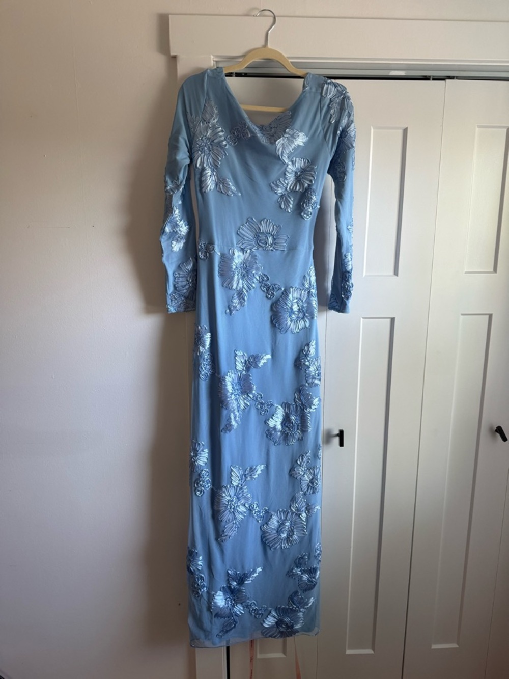 Lulu's Light Blue Long Sleeve Floral Sequin Gown